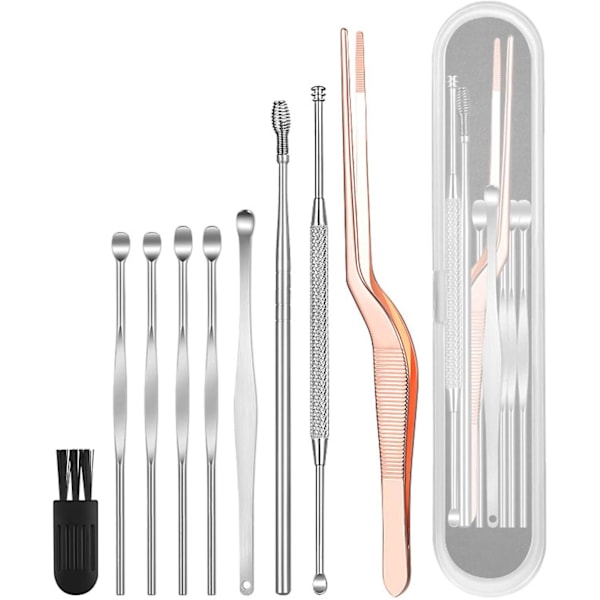 Set, pincett med böjd spets & 7 st dubbeländade rostfritt stål spiral öronvaxrengöringsverktyg för borttagning av baby & kit med rostfritt stål null none