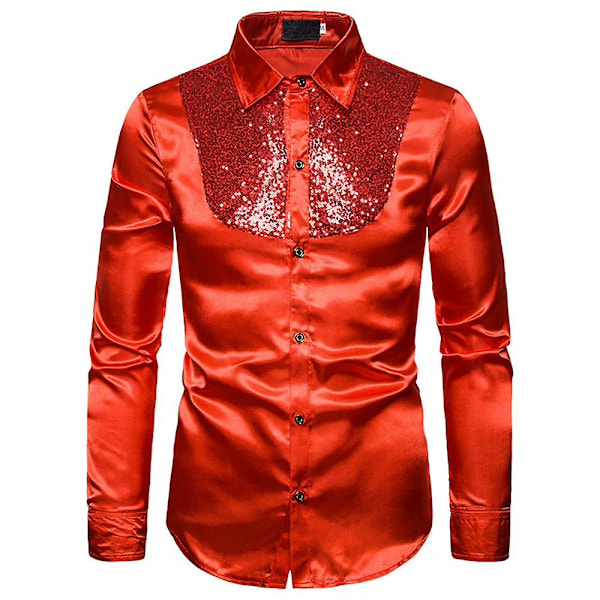 Män Glittrande paljetter Button-down Slim Fit Formella skjortor Party Evening Långärmad Klänning Skjorta Topp Red L
