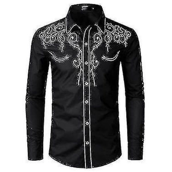 Western Cowboyskjorta för män Broderad långärmad Casual Slim Fit Button Down-skjorta black S
