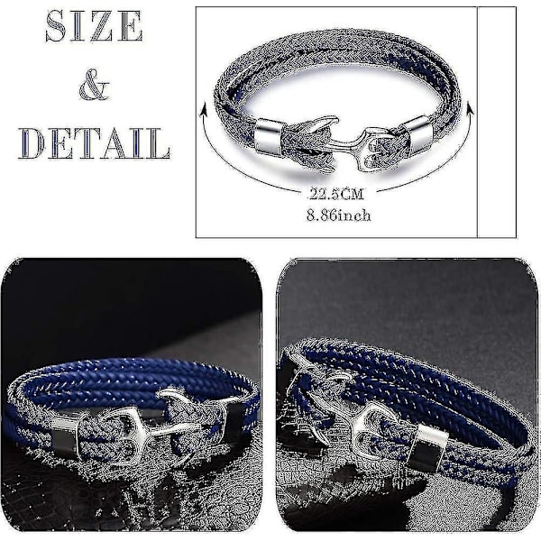 Manarmband Läder och rostfritt stål, multivävt armband, med metallankare, födelsedagspresent för män pojke blue