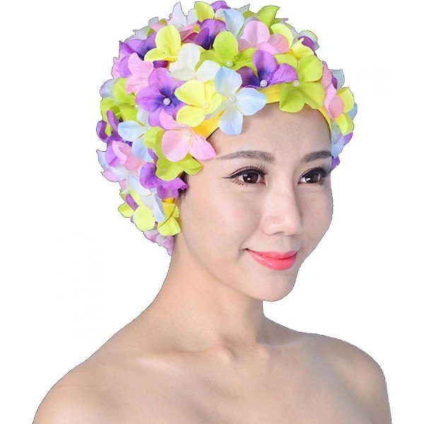 Vintage blommössa Retro badmössor Badmössor för kvinnor, Långt hår med blommor för damer (flerfärgat)