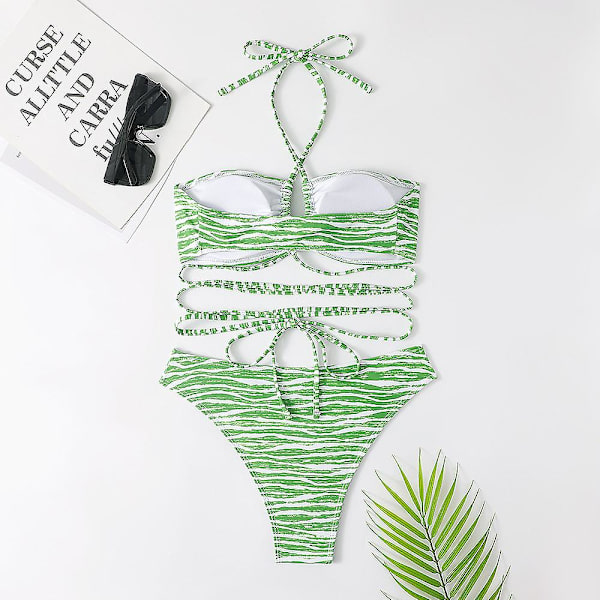 Tvådelad baddräkt för damer med randigt print i bikinibaddräkt green M