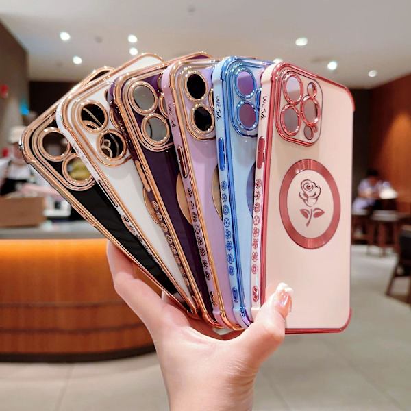 Magsafe- case kompatibelt med Iphone 15 Pro Max, lyxplätering Rose Flower Soft Tpu Stötsäkert cover för kvinnor, tjejer White For iPhone 15 Pro Max