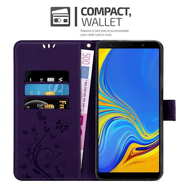 Samsung Galaxy A7 2018 Cover Case Case - med blommönster och stativfunktion och kortplats FLORAL DARK LILA Galaxy A7 2018