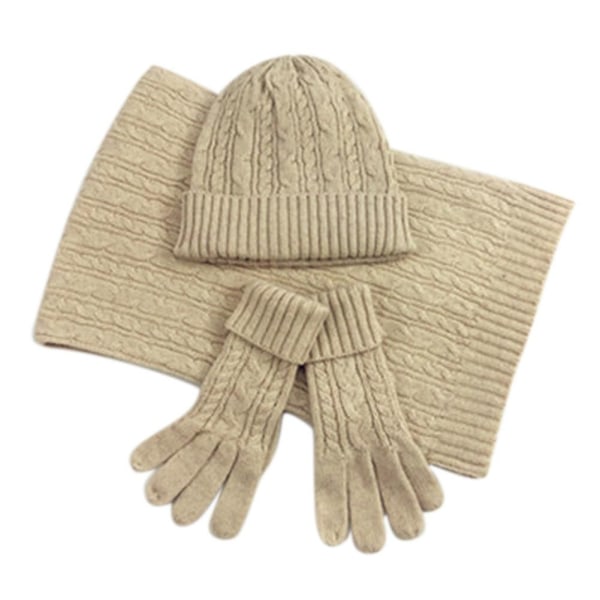 Vinter Dam Wooly Tjock Stickad Hat Scarf Handskar Set Varm Mjuk Stickad Woolen Set Beige