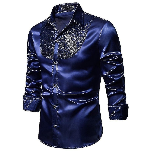 Herr paljetter Glitter Slim Fit Button-down skjortor Party Långärmad Klänning Skjorta Toppar Navy Blue XL