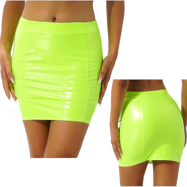 Dam Latex Minikjol Enfärgad Elastisk midjeband Blank pennkjol Nattklubb Fest Musik Festival Kostym Fluorescent Green A S