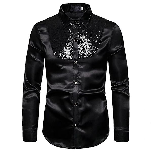 Män Glittrande paljetter Button-down Slim Fit Formella skjortor Party Evening Långärmad Klänning Skjorta Topp Black S