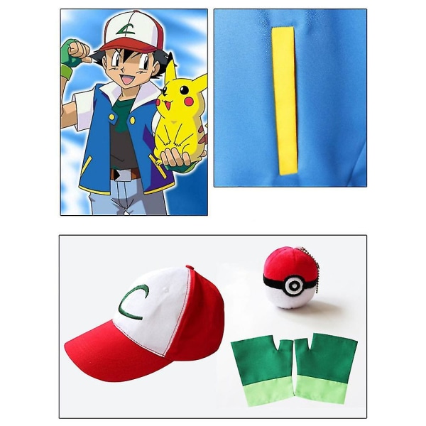 Kids Creative Cosplay Ash Ketchum Blue Jacket Anime Figur Rollspel Show Kläder Trainer Cap och handskar Set Ash Ketchum Sets 110