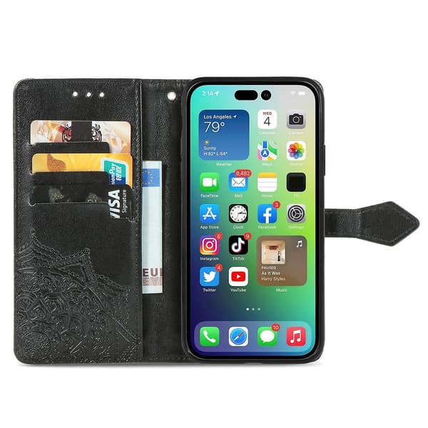 Mandala FlowerLeather phone case för iPhone 15 Pro Black