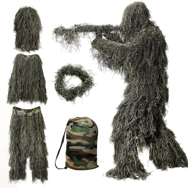 5 i 1 Ghillie-kostym, 3d kamouflagejaktkläder inklusive jacka, byxor, luva, bärväska Green 1.6m