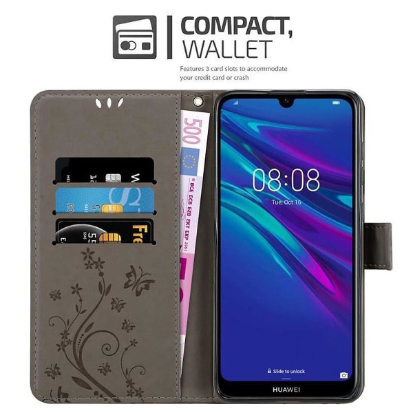 Huawei Y6 2019 Sleeve Cover Case Case - med blommönster och stativfunktion och kortplats FLORAL GREY Y6 2019