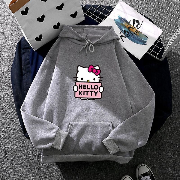 Tecknad Sanrio Hello-kitty Söt huvtröja för kvinnor Koreanska flickor Modetröja Vår och höst Modell Kläder Casual Långärmad XL grey