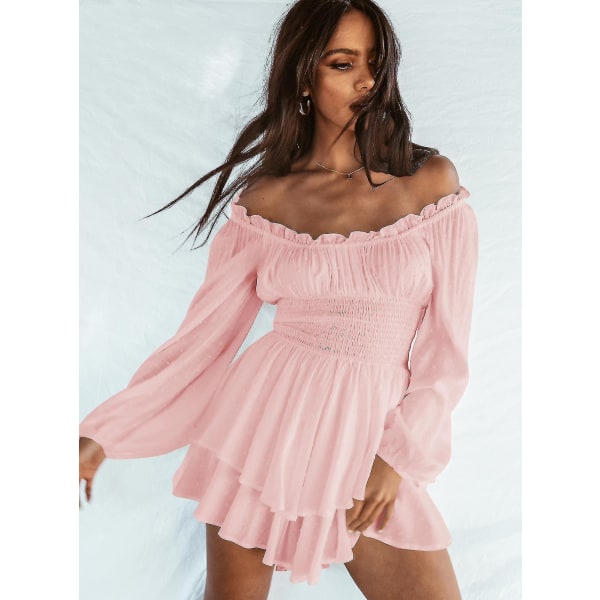 Kvinnor Off Shoulder Långärmad Romper Shorts Ruffle Jumpsuit Playsuit Pink S