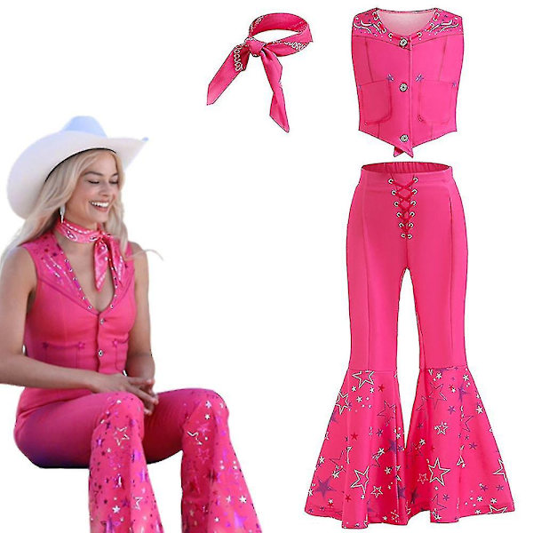 Flickor Barbie Cosplay Kostym Rosa Väst Långbyxor Med Scarf Film Kostymer Outfit För Barn Halloween Carnival Dress Up 6-7 Years