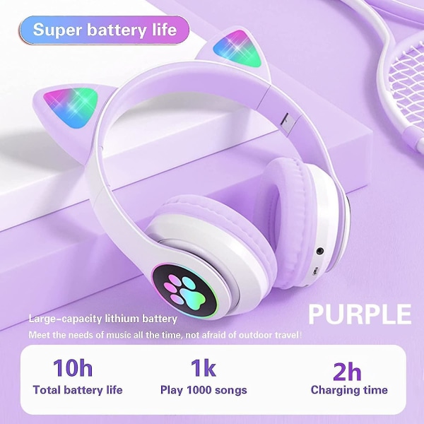 Vikbara Bluetooth hörlurar, Cat Ear Led Light Up Trådlösa barnhörlurar, 10 timmars speltid, barnhörlurar med mikrofon över örat för skolan null none