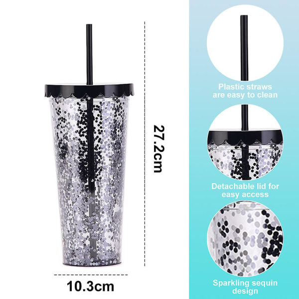 700 ml dubbellagers plastmugg, enkel genomskinlig glitterhalmkopp med paljetter, vattenkopp med stor kapacitet style4