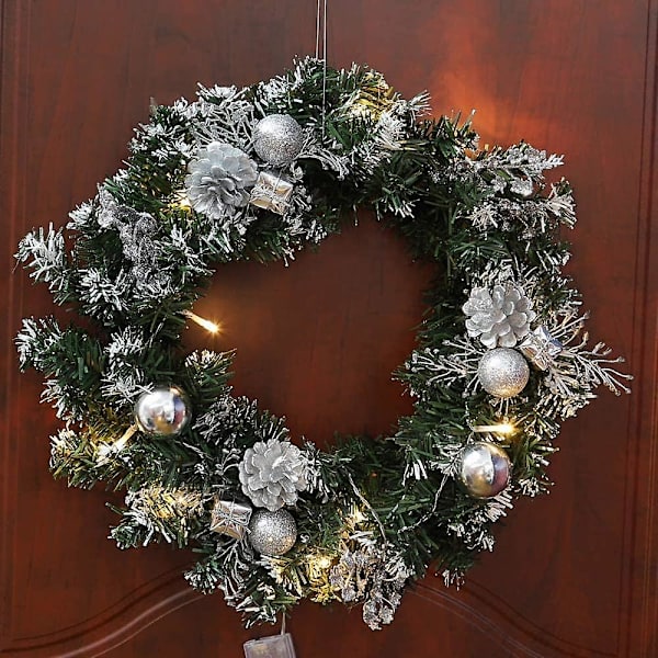 Upplyst julkrans med led-ljus, 40 cm förupplyst dörrkrans med ornament, batteridriven konstgjord krans ytterdörr som hänger null none