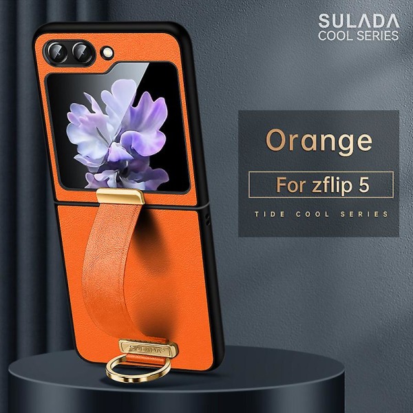 Z Flip 5 Case, tunt Pu Läder Ring Stand Case För Samsung Galaxy Z Flip 5 Med handremshållare Orange