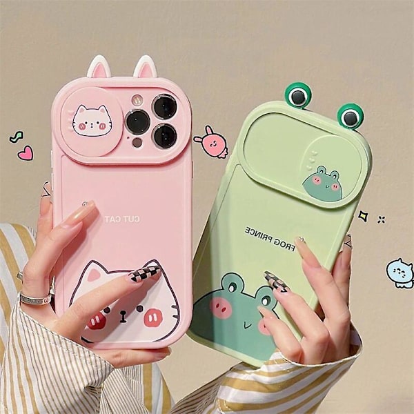 Cartoon 3d Ear Bear Cat Frog Söt Slide Lins Protection Case För Iphone 14 12 13 11 Pro Xs Max X Xr Push Pull Bumper Mjukt cover Cat For iphone 12