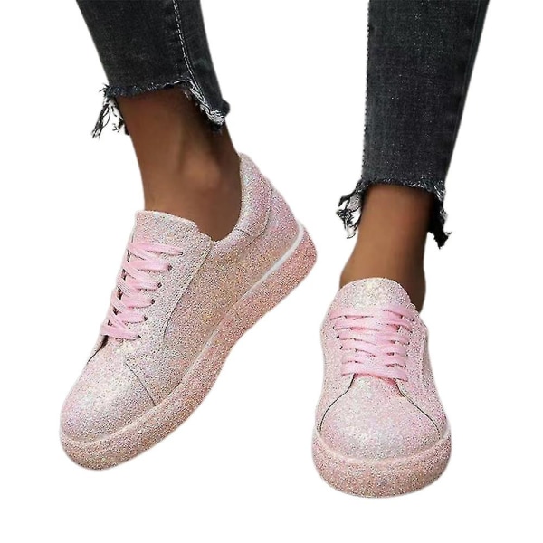 Kvinnor med snörning Glitter Sneakers Glitter Casual Jogging Sneakers Platta skor pink