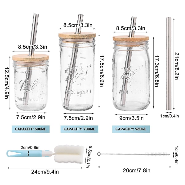 Masonburkar i glas Smoothiekoppar med bred mun Återanvändbara Boba-tekoppar med bambulock och silverhalm 960ML 4Pcs