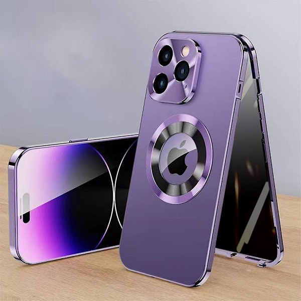 Metal Magsafe Magnetic Privacy Case Kompatibel med Iphone 15 Pro Max, Logo View Lens Protector Case i härdat glas Purple For iPhone 15 Pro Max