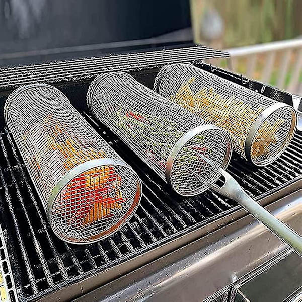 3 st grillkorg i rostfritt stål, rullande grillkorg, mesh grillkorg i rostfritt stål, trådnät, rund grilltillbehör null none