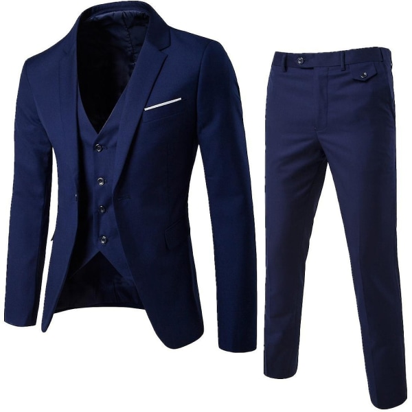 Herr 3-delad Slim Fit Kostym Set Enknapps Solid Jacka Väst Byxor Business Set-yky Blue L