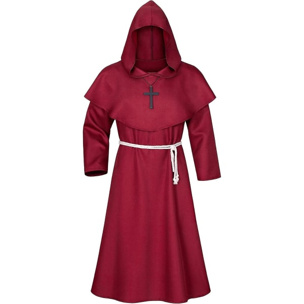 Revengers Medieval Renaissance Monk Friar Priest Wizard Cloak Hooded Robe Cosplay Bälte Halsband Set Red XX-Large