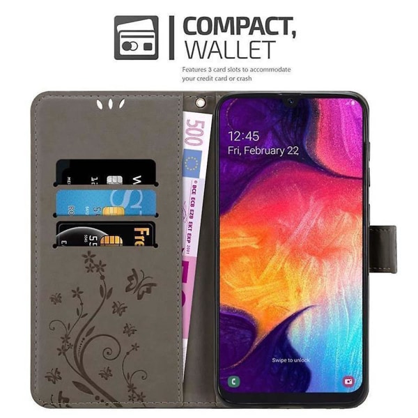 Samsung Galaxy A50 4G / A50s / A30s Cover Case Case - med blommönster och stativfunktion och kortplats FLORAL GREY Galaxy A50 4G / A50s / A30s