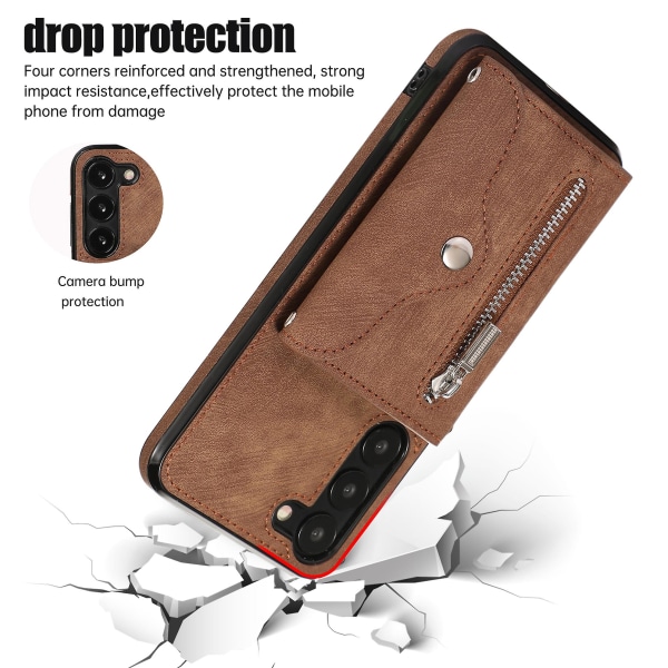 Anti-damm Pu läder+tpu phone case för Samsung Galaxy S23 Rfid blockerande kortväska Kickstand Cover Brown