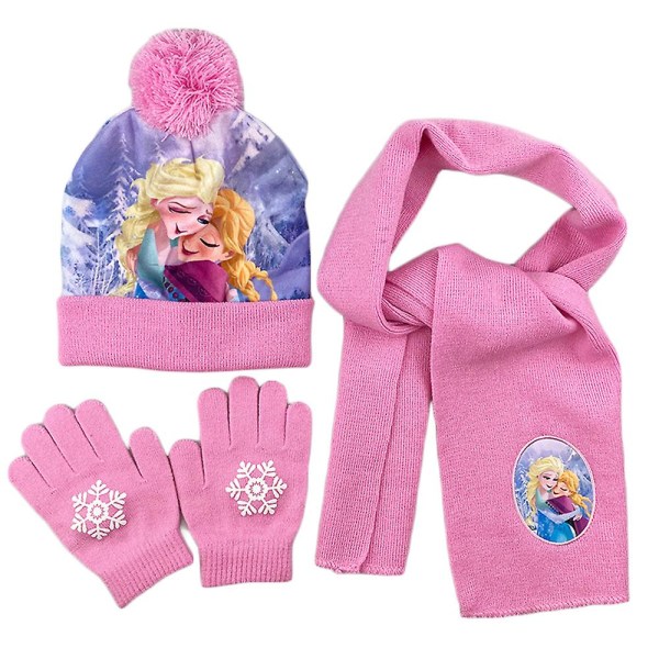 3-8 år Barn Flickor Frozen Elsa Anna Minnie Printed Vinterstickad Mössa Halsduk Handskar Set B