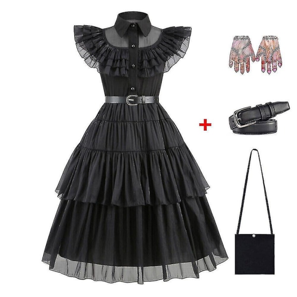 Barn Flickor Onsdag The Addams Family Costume Halloween Klänning Födelsedagsfest Dress Belt Bag Gloves 110cm