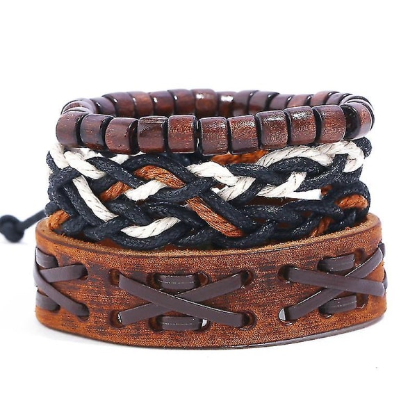 Punkläderarmband för män 3-delat set - Vintage kohud vävda armband - träpärlor Strängvävda armband