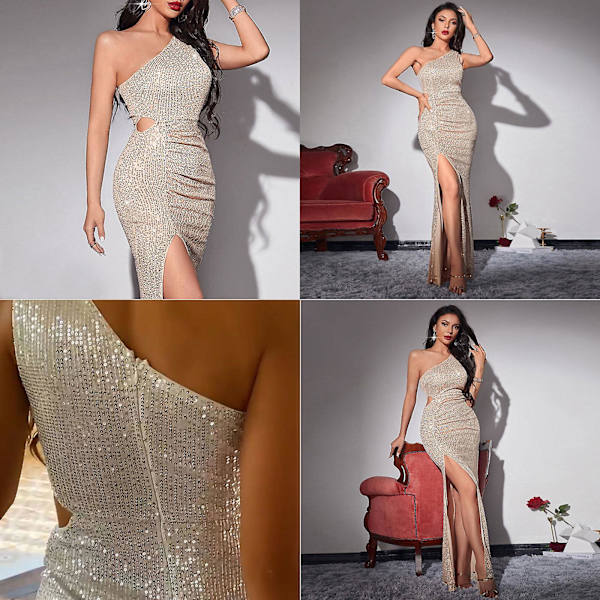 Kampanj 2023 Lång Sequin Split Aftonklänning, En Axelsequin Split Klänning, Bal Klänning, Festklänning(XS-L) White L