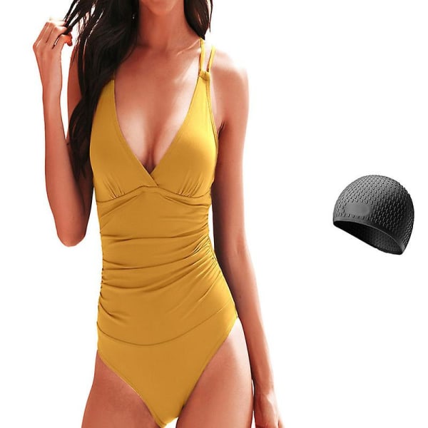 Baddräkt i ett stycke för kvinnor, sportträning v Hals/ cap Swimming Cap M Yellow Swimsuit