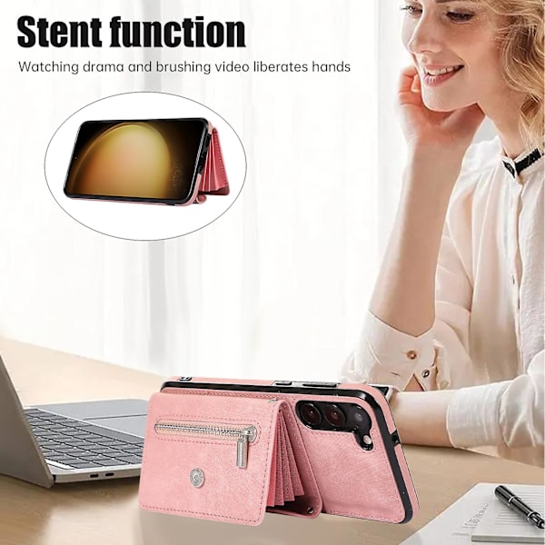 Anti-damm Pu läder+tpu phone case för Samsung Galaxy S23 Rfid blockerande kortväska Kickstand Cover Rose Gold