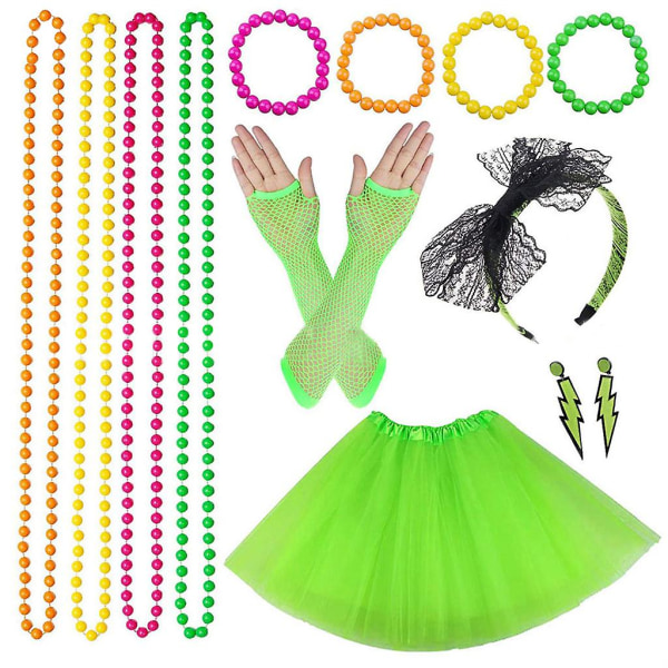 Kvinnor 80-tals kläder Accessoarer Retro Festkostym Set Vuxen Tutu kjol Neon Fishnet Handskar Pärlhalsband Armband Örhängen Green