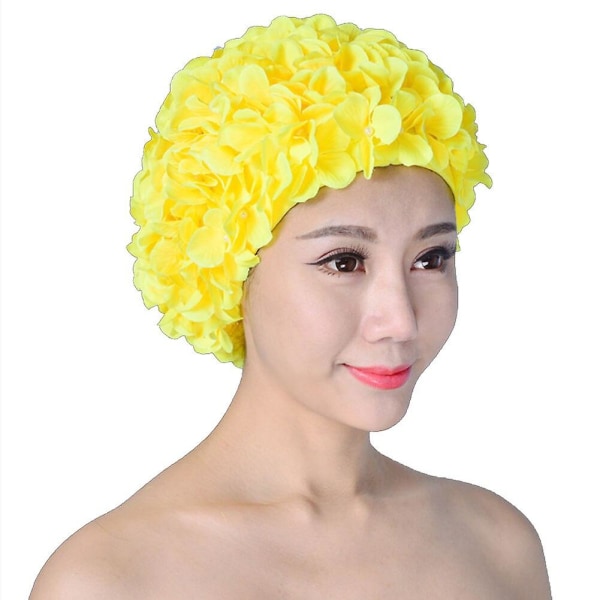 Kvinnor Vattensporter Andas Handgjorda Unik Elastisk Solid Långt hår Blomskydd Dykning Fri storlek Cap Soft Beach YELLOW