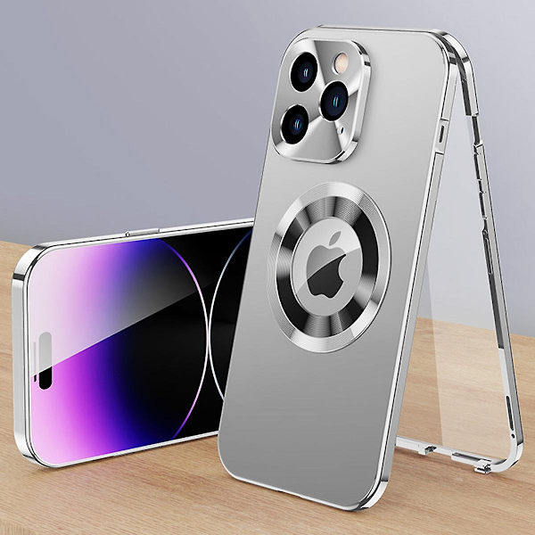 Magsafe magnetiskt genomskinligt case i metall, kompatibelt med Iphone 15 Pro Max, case med logotyp Skyddsfodral i härdat glas Silver For iPhone 15 Pro Max