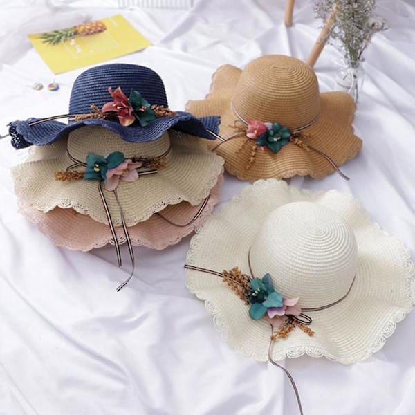 Mode Flickor Blomma Halm Vävning Bred Brätte Sommar Beach Cap Sol Floppy Hat White *Kids