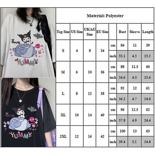 Kvinnors tonåringar Flickor Cutie Kuromi Print Crew Neck Kortärmad T-shirt Tee Tops White 2XL