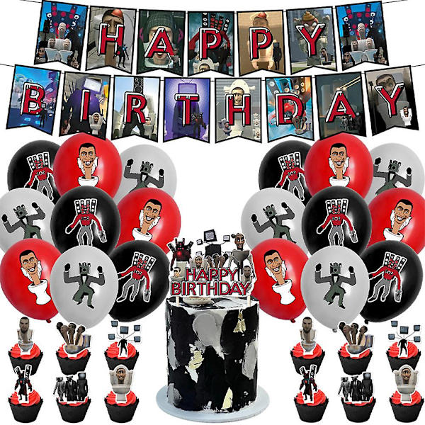 Skibidi Toalett Skräckspel Tema Grattis på födelsedagen Festtillbehör Banner Ballonger Kit Tårta Cupcake Toppers Set null none