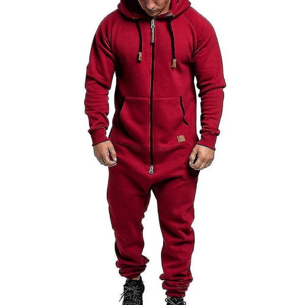 Män Onesie All In One Hoodie Zip Jumpsuit Vinter Casual Hooded Romper Playsuit Wine Red M