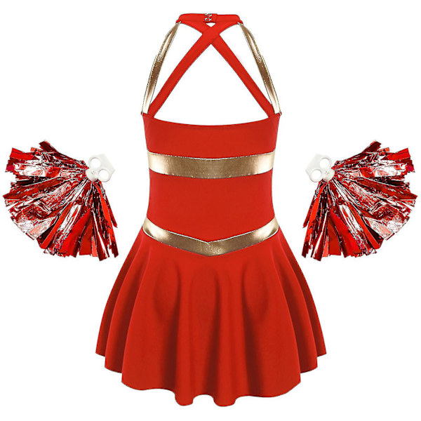 Barn Flickor Ärmlösa bokstäver Printed Dansklänning med tofs Blombollar Set för Cheerleading Kostym Cheerleader Uniformer 6 Red