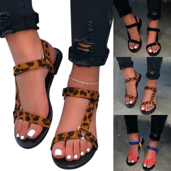 Platta sandaler för kvinnor med öppen tå andas Anti-slip Casual för sommarstrand utomhus Leopard Print 40