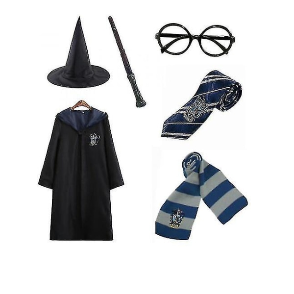 Harry Potter 6st Set Magic Wizard Cosplay Fancy Dress Cape Cloak Kostym Blue 115cm (3-4 years)