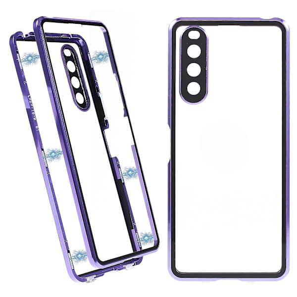 För Sony Xperia 10 V magnetiskt case Metallram + härdat glas + genomskinligt cover på baksidan Purple