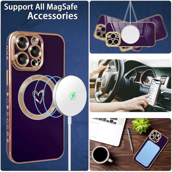 Magsafe Plating Cute Love Heart Mjukt case till Iphone 15 Pro Max med upphöjt helt kameralinsskydd Purple